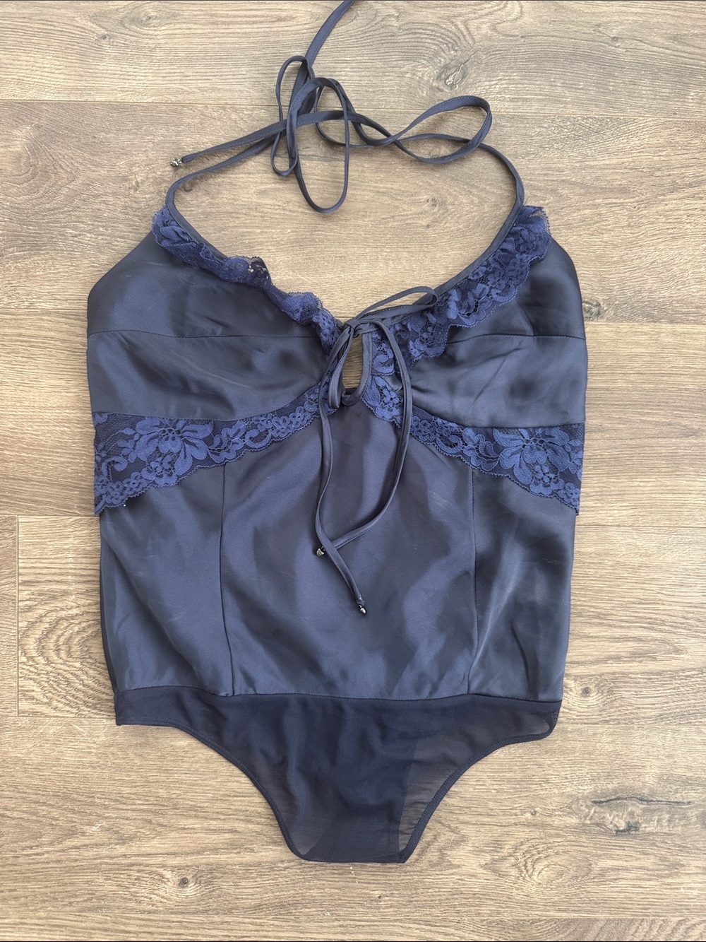Free People Navy Satin Halter Bodysuit with Slim Straps